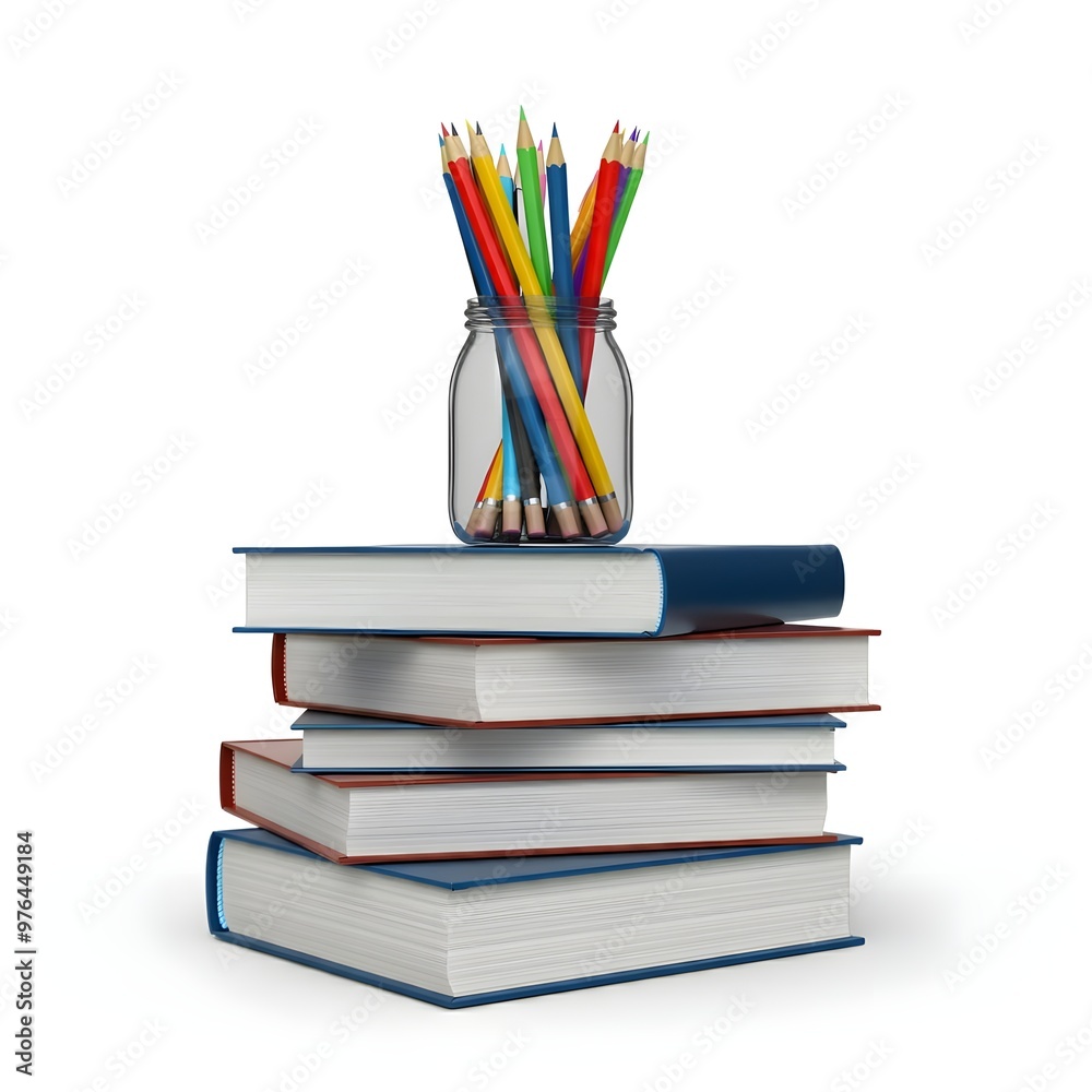 stack of books and pencils on white background. stack of books and pencils on white background.