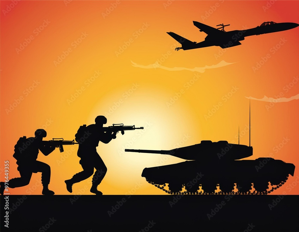 Realistic illustration with scene of soldiers silhouettes in action, with tank and jet Realistic illustration with scene of soldiers silhouettes in action, with tank and jet