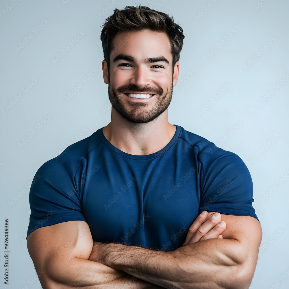 American White Male Personal Trainer Blue Gym Clothing Smiling Medium Shot Solid Grey White Background American White Male Personal Trainer Blue Gym Clothing Smiling Medium Shot Solid Grey White Background