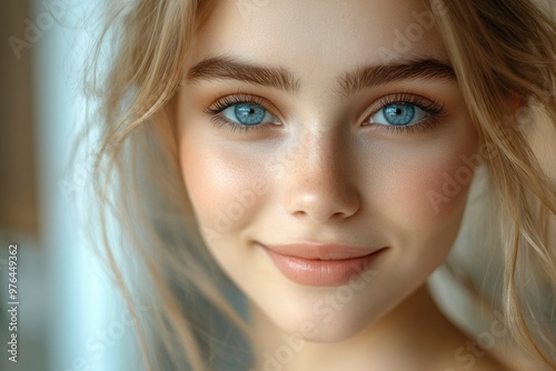 Close-up Portrait of a Young Woman with Blonde Hair and Blue Eyes photo