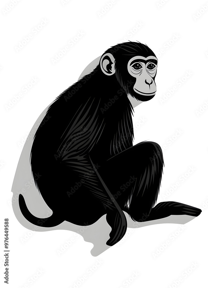 Fototapeta premium Macaque monkey illustration icon for logo, black silhouette of animal, isolated on white background