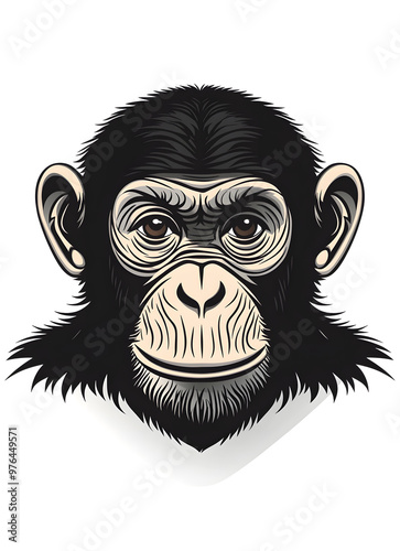 Chimpanzee monkey face illustration icon for logo, black silhouette of animal, isolated on white background