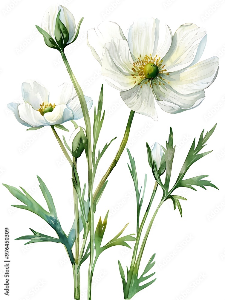 Fototapeta premium Watercolor White Buttercup Isolated on White Background. Beautiful Buttercup Flower