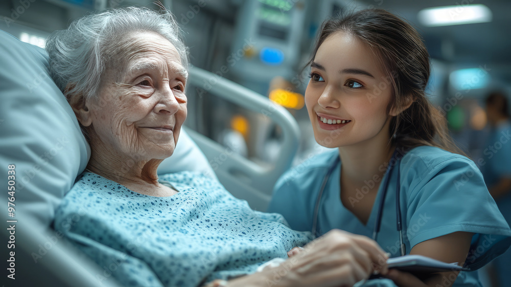 A photo of an elderly patient sleeping in a hospital bed, and a young nurse crouching at the foot of the bed and taking notes