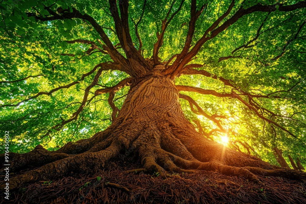 Fototapeta premium A Low Angle View of an Ancient Tree with Sunlight Streaming Through its Canopy