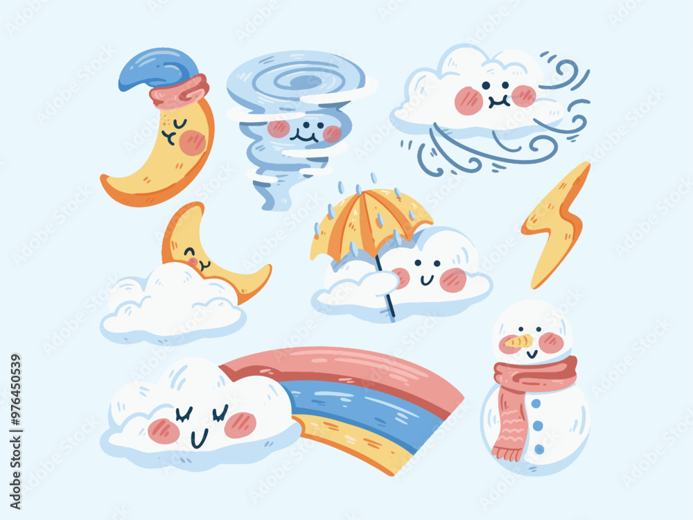Handdrawn Cute Weather Character Set Illustration Handdrawn Cute Weather Character Set Illustration