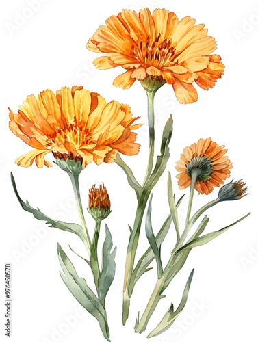 Watercolor Orange Calendula Isolated on White Background. Beautiful Calendula Flower