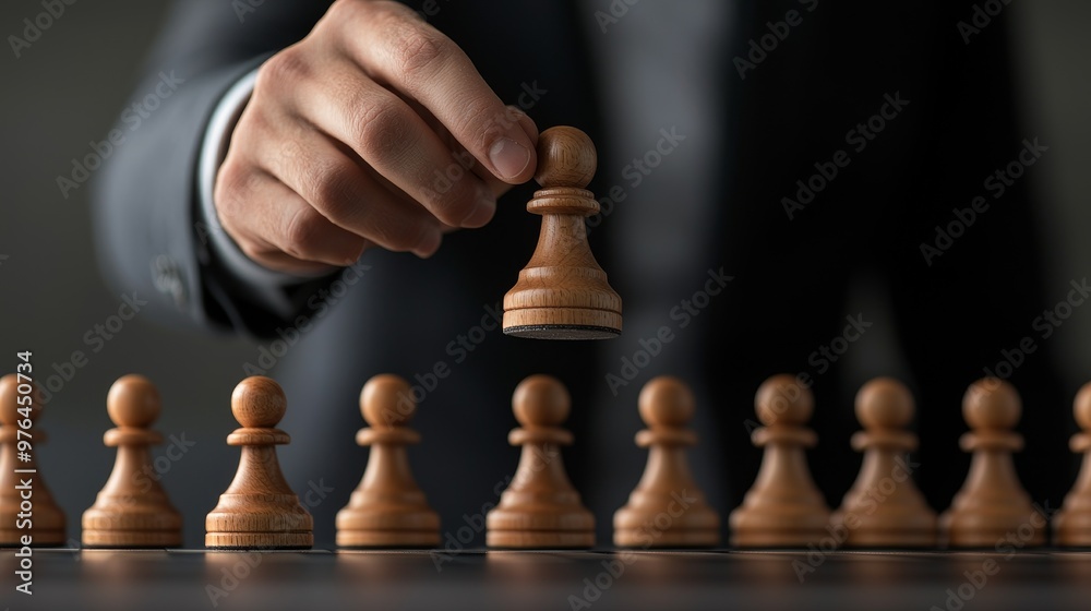 A businessman's hand lifts a chess pawn above a row of pawns. The image represents leadership and strategy. A businessman's hand lifts a chess pawn above a row of pawns. The image represents leadership and strategy.