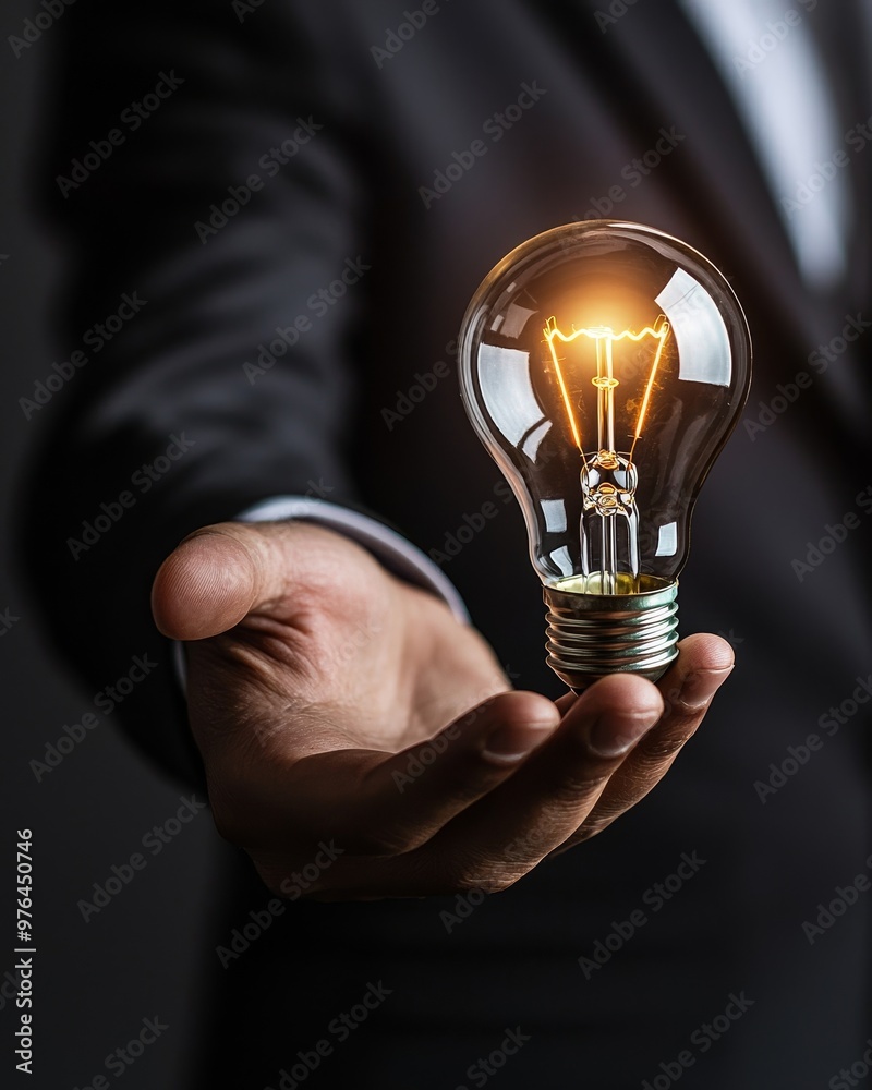 A businessman's hand holding a glowing light bulb, symbolizing inspiration and innovation. A businessman's hand holding a glowing light bulb, symbolizing inspiration and innovation.