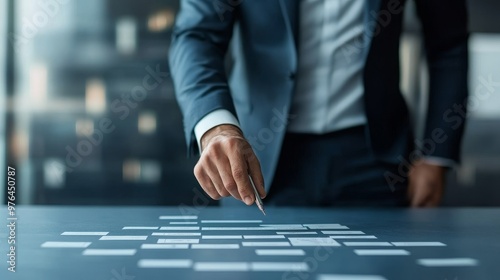 A businessman's hand points to a grid of blank cards on a table, suggesting a strategic planning process.