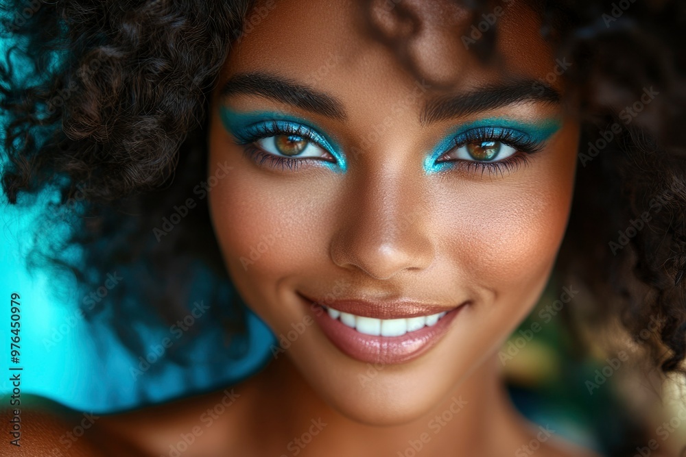Close-up Portrait of a Woman with Blue Eyeshadow and Curly Hair Close-up Portrait of a Woman with Blue Eyeshadow and Curly Hair
