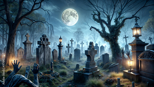 Eerie graveyard at night with full moon, glowing candles, and ancient tombstones creating a haunting atmosphere.