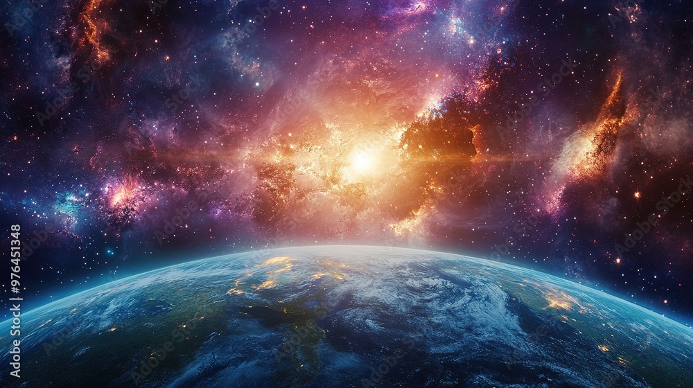 Fototapeta premium A space scene with Earth glowing among a sea of stars, floating in the universe
