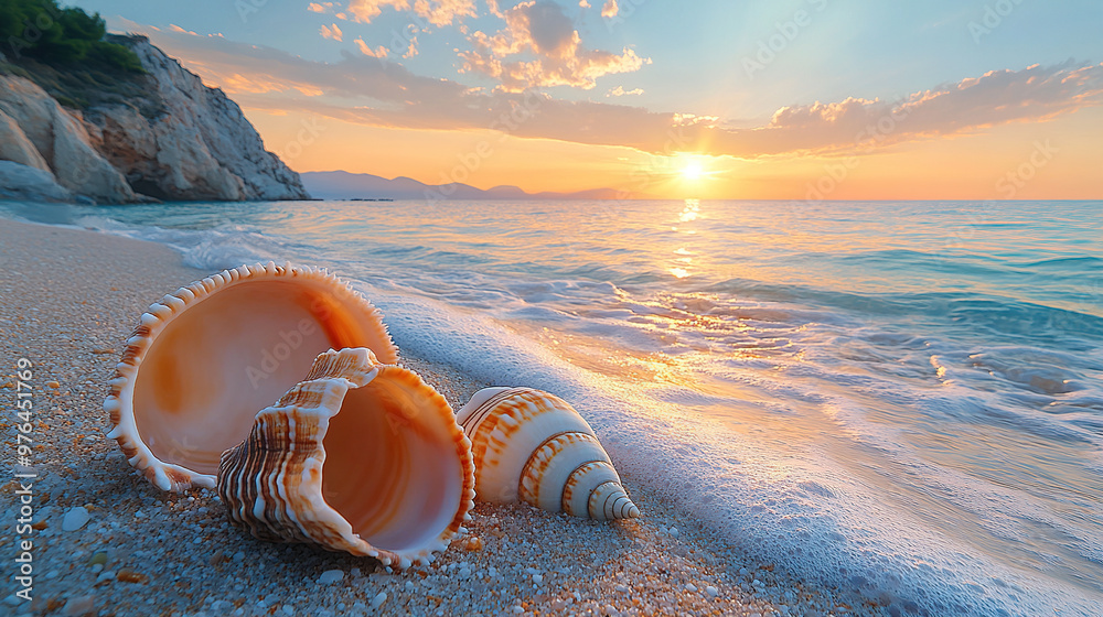 Obraz premium A beautiful beach with seashells and conches on the shore of at sunset
