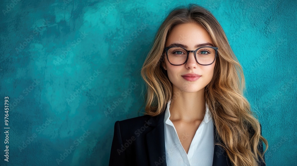 Young Caucasian woman with long blond hair wearing glasses and business attire against teal background