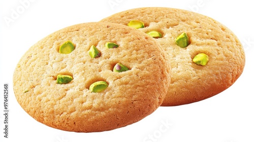 Two delicious pistachio cookies, beautifully baked to a golden brown perfection, perfect for snacks or desserts. photo