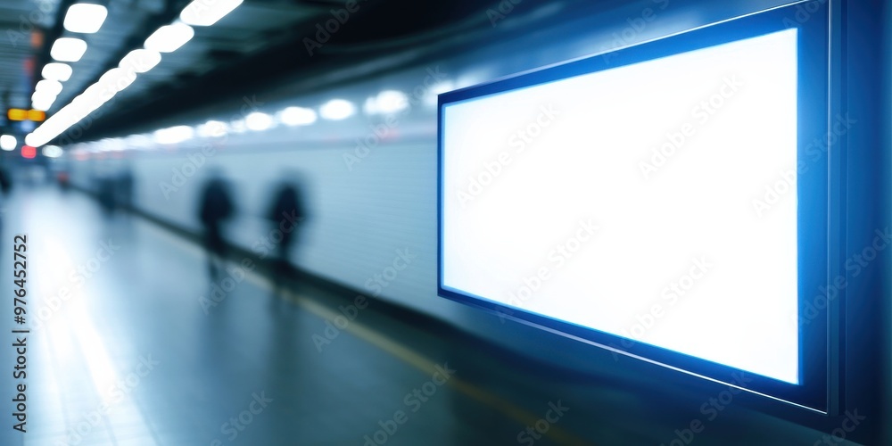 Obraz premium A brightly lit digital billboard with an empty screen is prominently displayed in a clean, modern subway station, with a few motion-blurred people walking behind it.