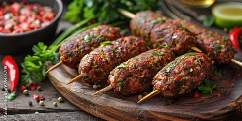 Traditional snack from a specific region, Cig Kofte, prepared with bulgur and tomato paste, meticulously mixed for hours with onion, parsley, isot, and chili pepper. photo