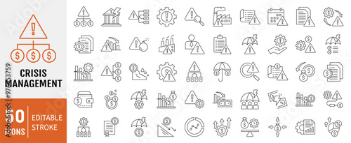 Crisis Management icon collection. Containing depressions, economic downturn, stock marker cash, financial meltdown, recession, credit crunch, trade war icon. Simple line vector.