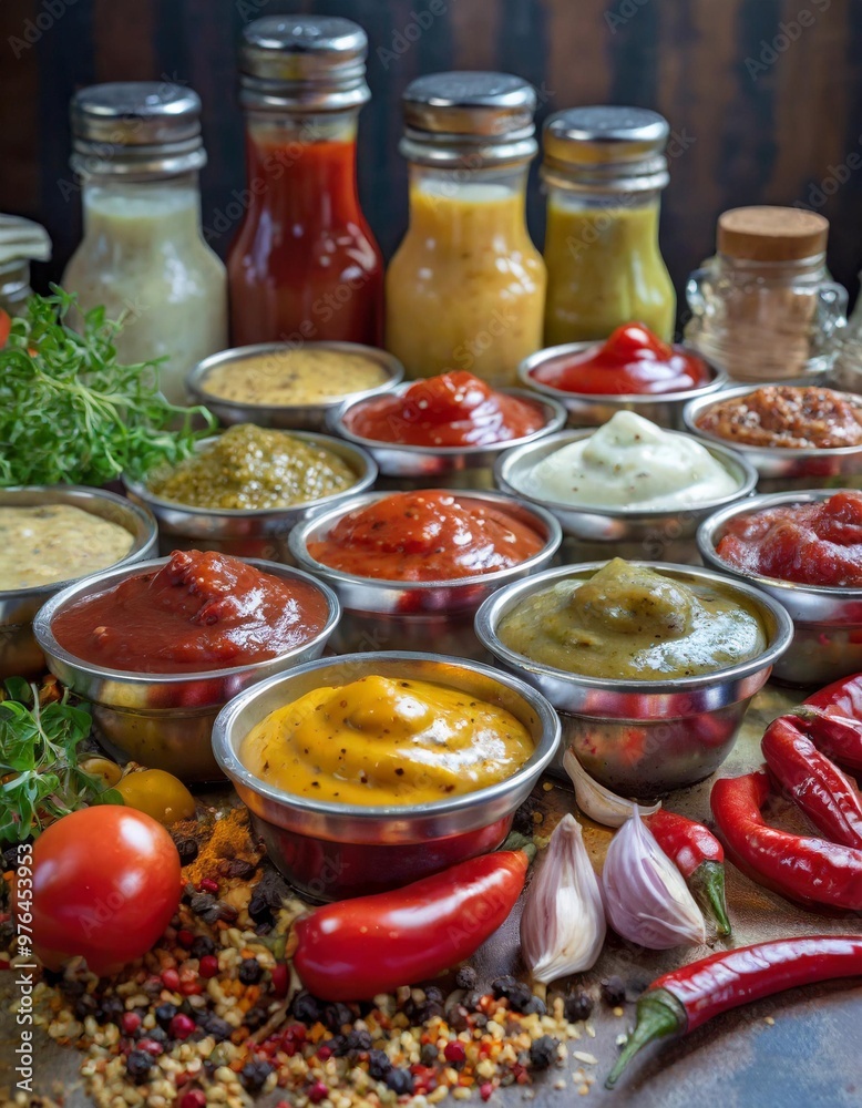 Assorted condiments with depth of field showcasing vibrant sauces and rich textures Assorted condiments with depth of field showcasing vibrant sauces and rich textures