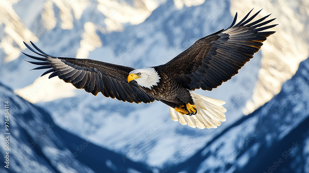 Naklejka premium Bald eagle soaring in front of snow-capped mountains