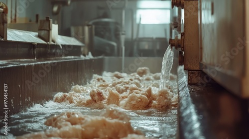 Butcher washing machinery with water in factory 