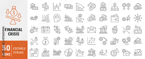 Financial Crisis icon collection. Containing depressions, economic downturn, stock marker cash, financial meltdown, recession, credit crunch, trade war icon. Simple line vector.