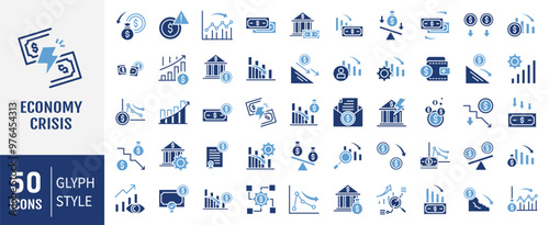 Economy Crisis icon collection. Containing depressions, economic downturn, stock marker cash, financial meltdown, recession, credit crunch, trade war icon. Simple flat vector.