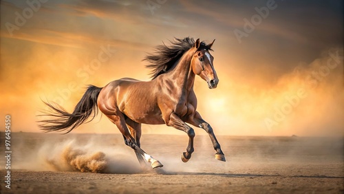 A wild horse galloping gracefully with head and tail held high in a dusty field