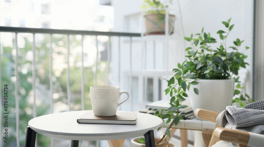 Fototapeta premium Serene Breaks and Relaxation: Recharging on a Sunny Balcony with Coffee