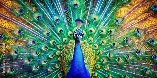Vibrant painting of a blue peacock with a spread out tail feathers in a colorful display
