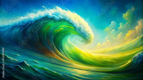 Abstract painting of green and yellow wave on blue background