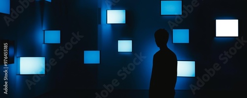 Illuminated Disconnect: Abstract Figure in Dark Room with Glowing Devices Symbolizing Tech-Driven Disconnectedness