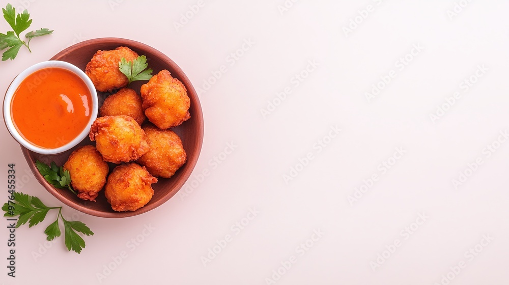 Bowl of Pakora balls with parsley garnish served with dipping sauce on a pastel pink background. Great for party snacks or finger food with space for text. Bowl of Pakora balls with parsley garnish served with dipping sauce on a pastel pink background. Great for party snacks or finger food with space for text.