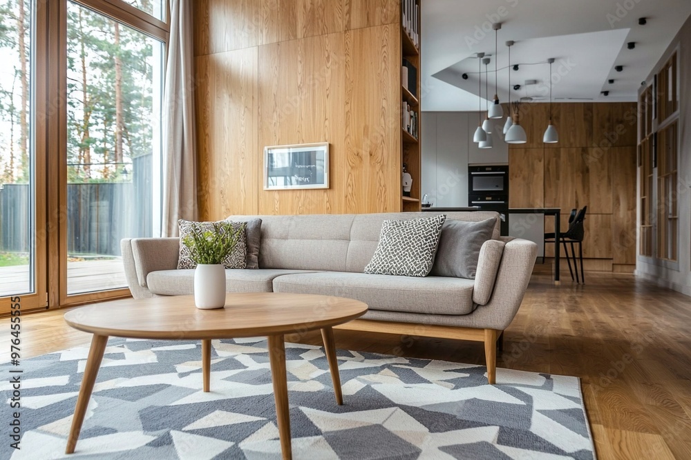 Fototapeta premium A Scandinavian mid-century modern interior photo of a residential living room with wood-paneled walls and a sofa and table. Generative AI 