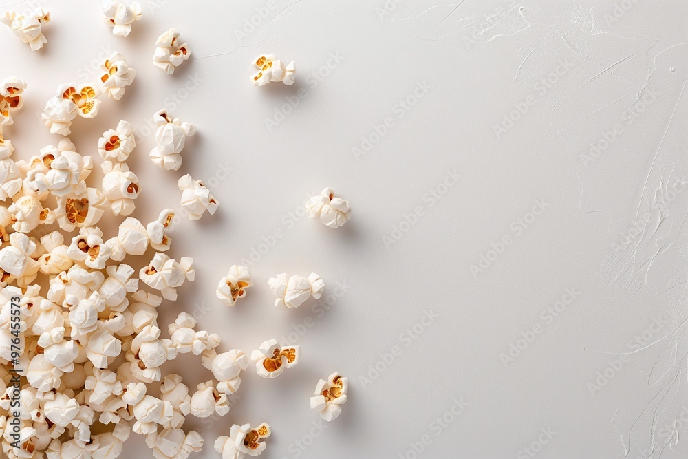 Scattered popcorn on a white background with copy space. Crispy snack food perfect for movie nights, party snacks, and food styling with space for design or text. Scattered popcorn on a white background with copy space. Crispy snack food perfect for movie nights, party snacks, and food styling with space for design or text.