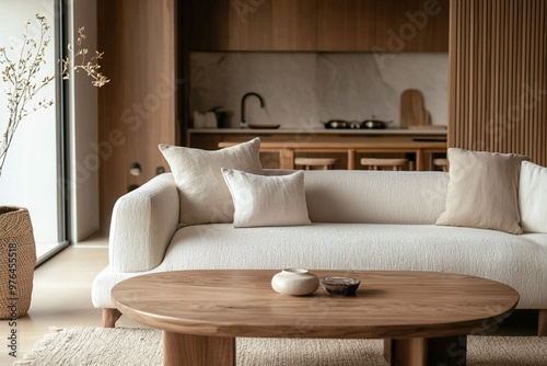 This is the living room and kitchen of the house with the wood finish. This is a modern japandi interior with a sofa in the living room. Generative AI
