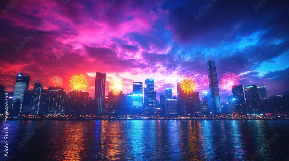 Fototapeta premium Cityscape with Fireworks and Dramatic Sky