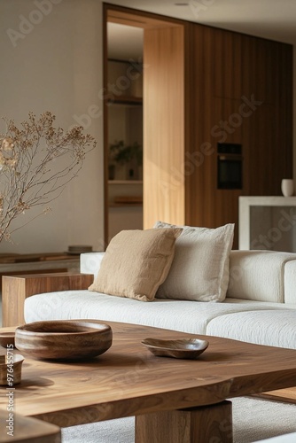 A modern living room interior photograph of a woody japandi interior and a Scandinavian interior combination. Generative AI
