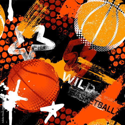 Abstract seamless grunge pattern for guys. Urban style modern background with basketball and slogans. Sport extreme style creative wallpaper