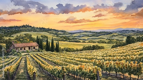 A stone house nestled in a vineyard in the Tuscan countryside, bathed in the warm glow of a sunset, with rolling hills and a sky of soft pink and orange.