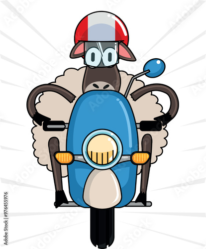 sheep wearing a helmet riding a classic moped - motorbike