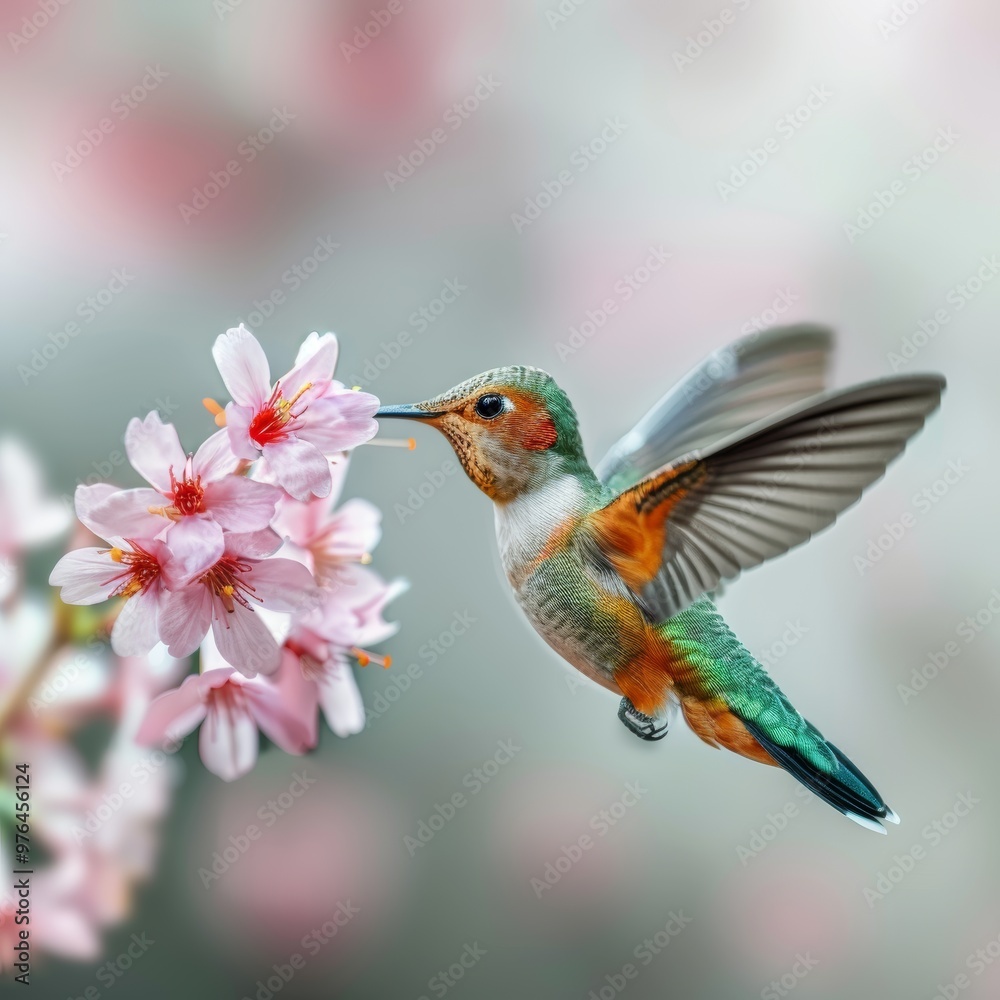 Fototapeta premium Graceful Hummingbird in Flight Carrying Vibrant Bouquet of Flowers