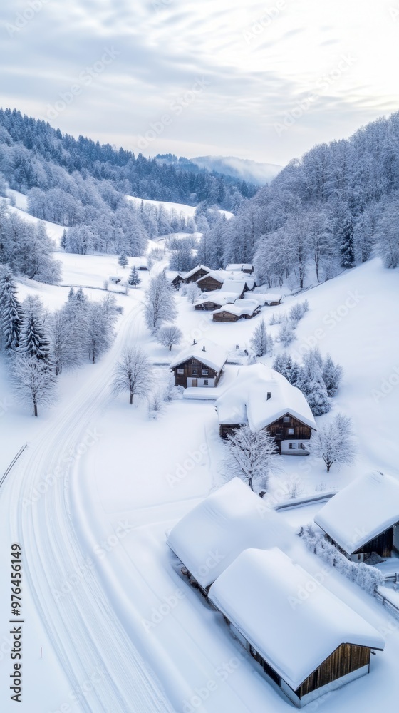 A serene winter landscape featuring snow-covered homes surrounded by trees and hills, evoking a peaceful, cozy atmosphere. A serene winter landscape featuring snow-covered homes surrounded by trees and hills, evoking a peaceful, cozy atmosphere.