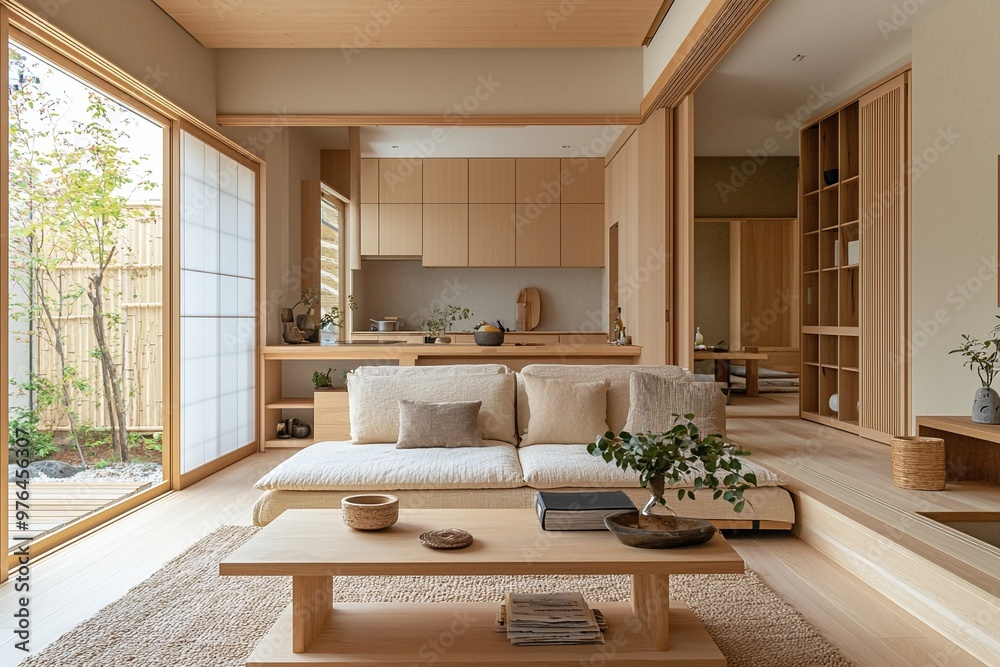 This is the living room and kitchen of the house with the wood finish. This is a modern japandi interior with a sofa in the living room. Generative AI
This is the living room and kitchen of the house with the wood finish. This is a modern japandi interior with a sofa in the living room. Generative AI