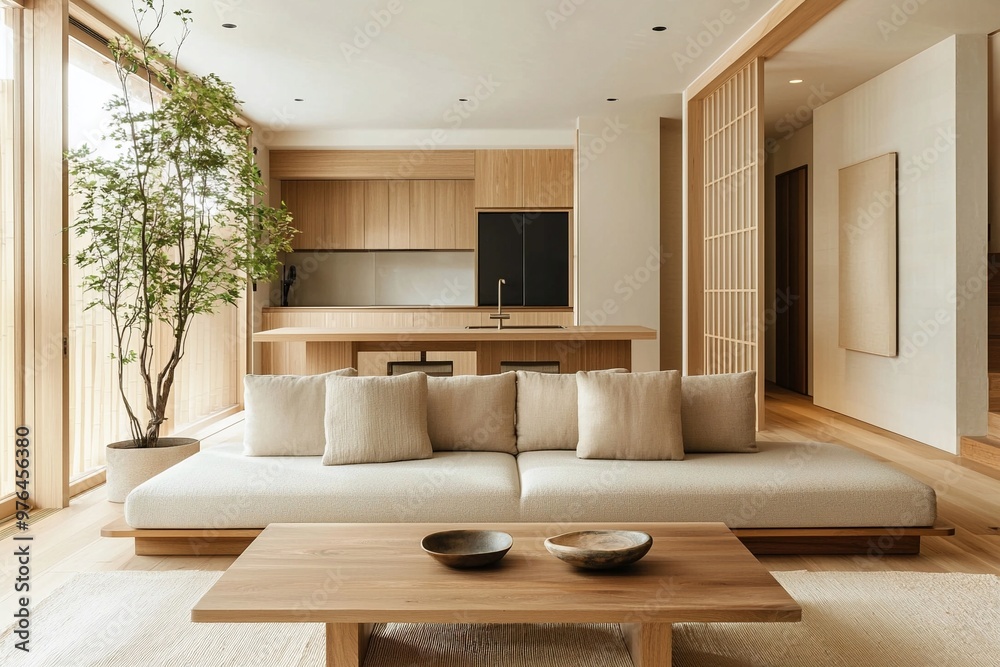 This is the living room and kitchen of the house with the wood finish. This is a modern japandi interior with a sofa in the living room. Generative AI
This is the living room and kitchen of the house with the wood finish. This is a modern japandi interior with a sofa in the living room. Generative AI