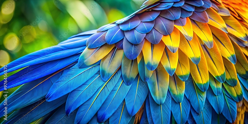 Obraz premium Vibrant blue and gold macaw feathers against exotic nature background, featuring detailed texture and wing close-up