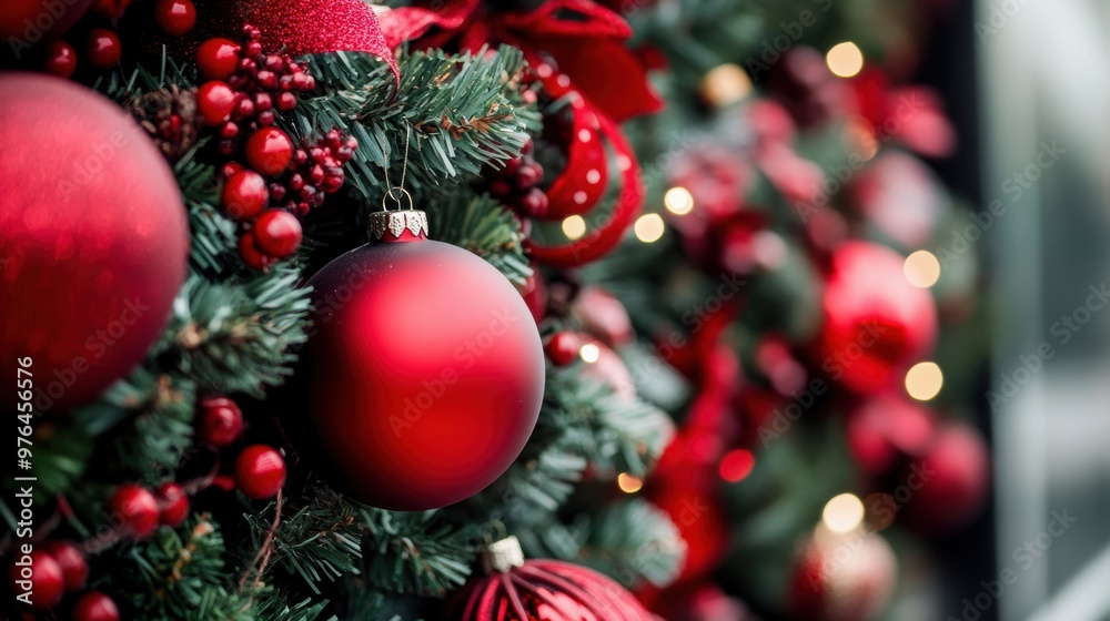Close-up of a festive Christmas decoration featuring red ornaments, berries, and vibrant greenery, creating a warm holiday ambiance. Close-up of a festive Christmas decoration featuring red ornaments, berries, and vibrant greenery, creating a warm holiday ambiance.