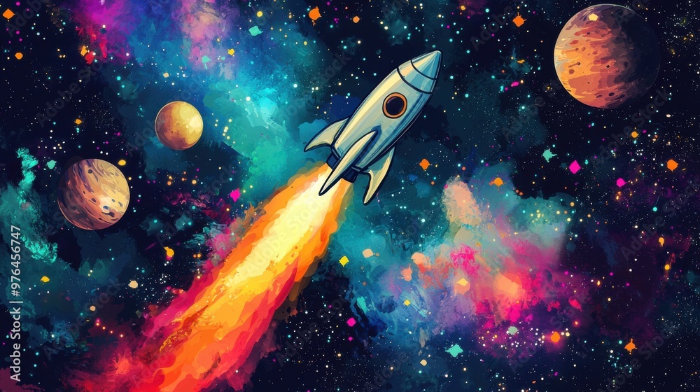 Space Rocket Blasting Off Into Vibrant Galaxy Illustration
