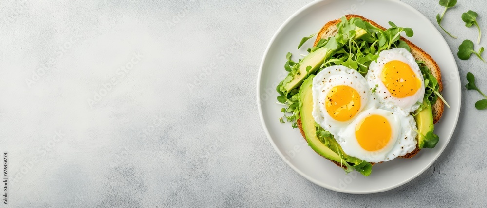 Delicious breakfast featuring sunny-side-up eggs on a crispy avocado toast garnished with fresh greens. Delicious breakfast featuring sunny-side-up eggs on a crispy avocado toast garnished with fresh greens.